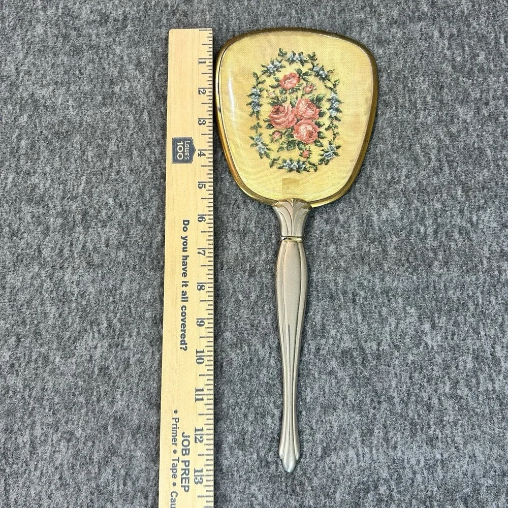 Mid Century Vintage Vanity Mirror Floral Paper Insert Gold Tone Handle Boudoir